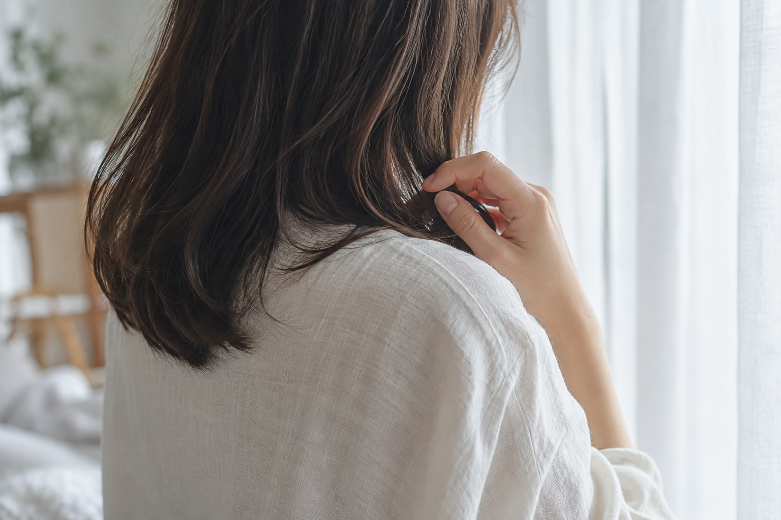 窓辺の柔らかな自然光の中で、自分の髪にそっと触れる手元