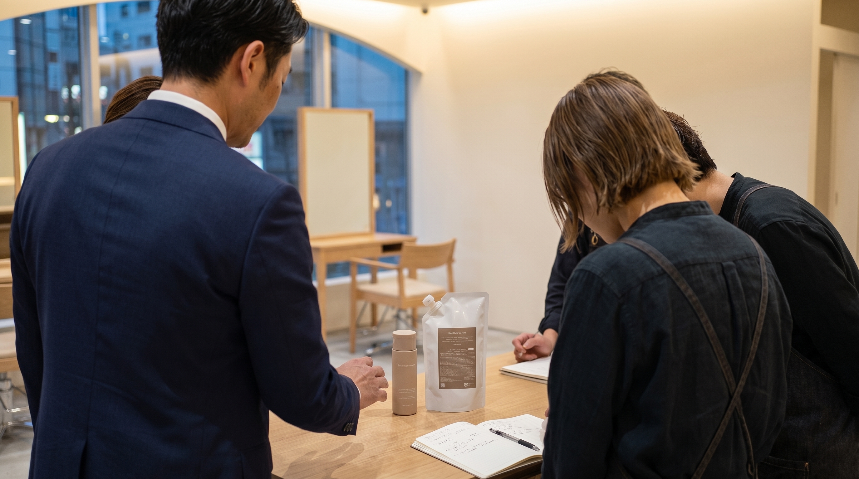 サロンで理美容師に商品の使い方を説明する場面